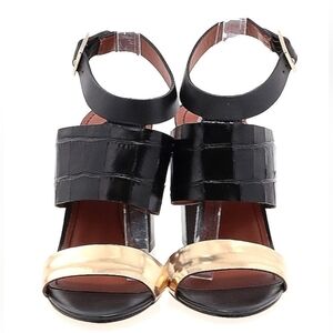 Elizabeth and James Black Faux Crocodile and Gold Strapped Heels